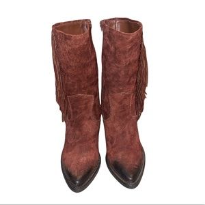 Carlos Santana Rust Brown Suede Fringe Mid-Calf Boots